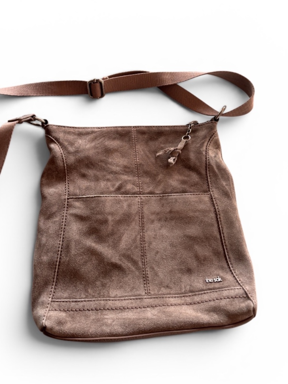 The Sak Taupe Genuine Leather Crossbody Bag Adjustable Strap EUC